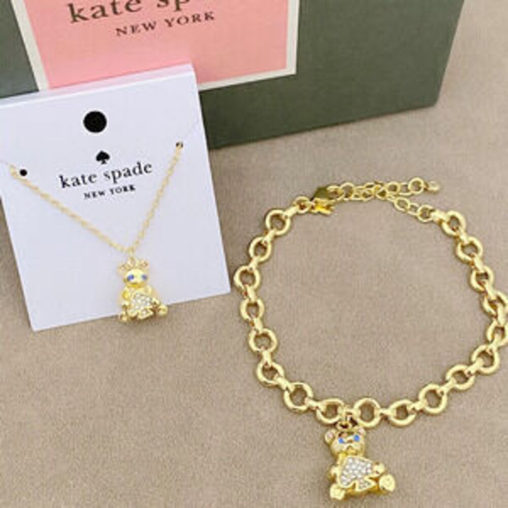 kate spade Love Heart Teddy Bear Rhinestone Metal Necklace Set